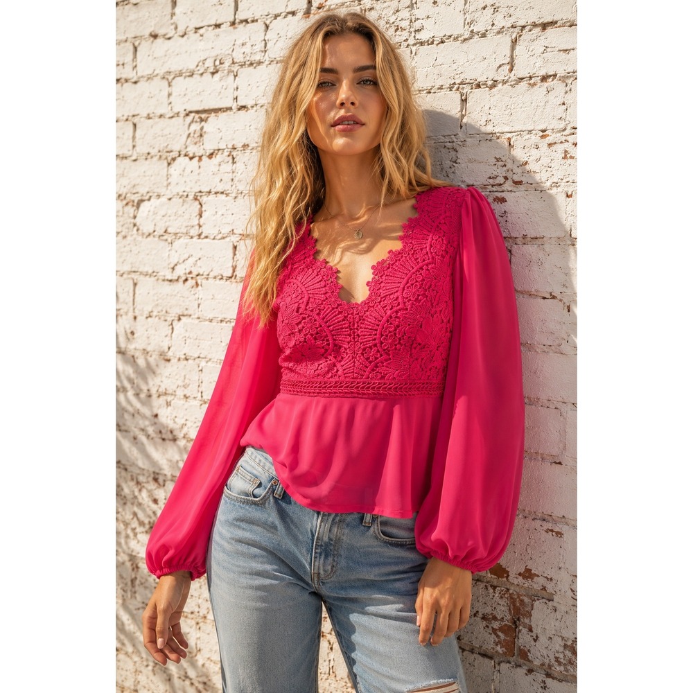 Boston Proper Fuchsia Lace V-Neck Blouse Sheer Balloon Sleeve Stretch Top M